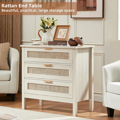 LEYAOYAO 31.5" Wide Rattan Nightstand, Large Boho 3 Drawer Night Stand | Grey White Bedside Table with Storage, Tall Bed Side End Tables for Bedroom, Living Room, Hallway