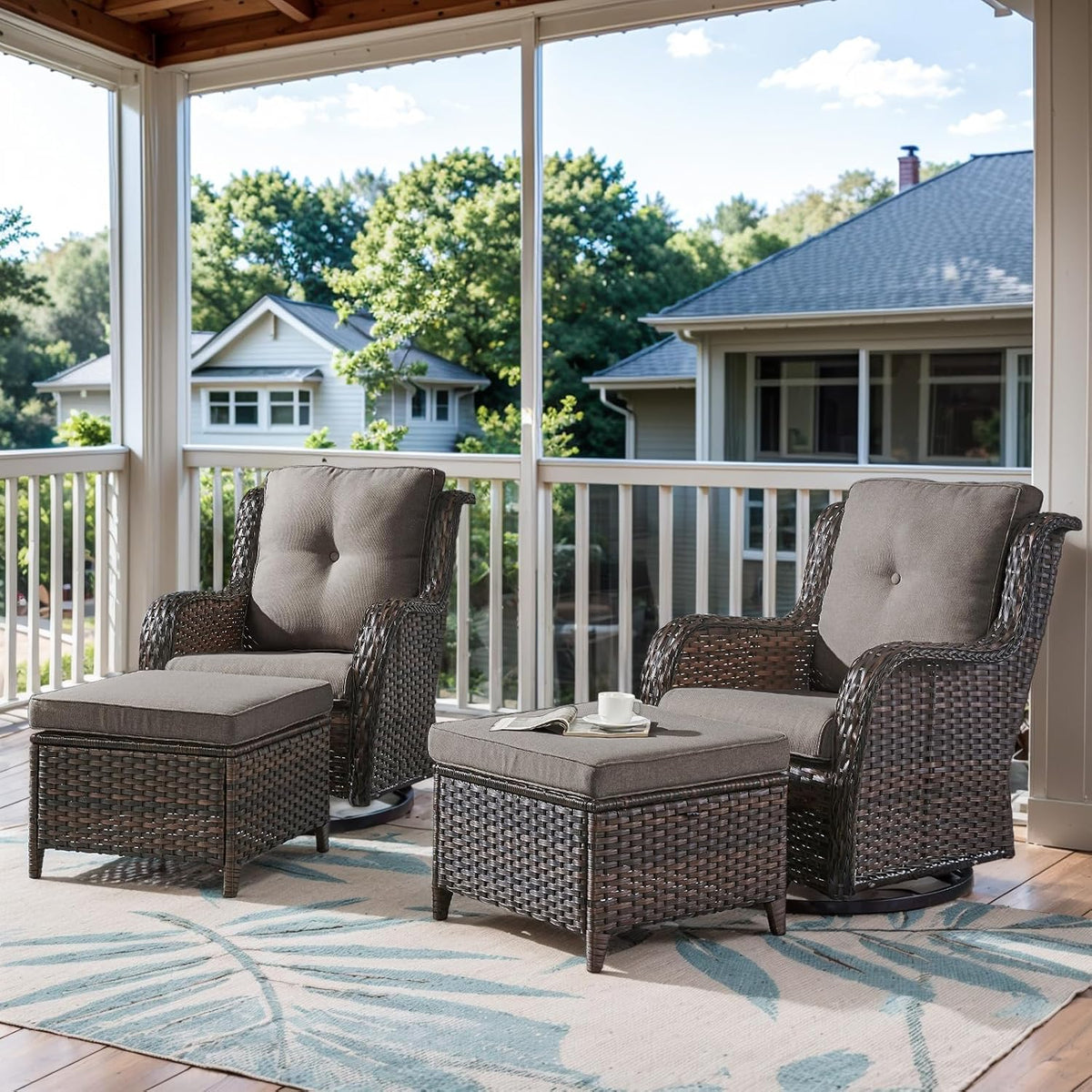 Belord Outdoor Swivel Chairs Set of 2,Patio Wicker Rocker Chairs with Ottomans, All Weather Patio Conversation Furniture Set, Ideal for Porch Balcony Deck Yard, Brown Wicker/Gray