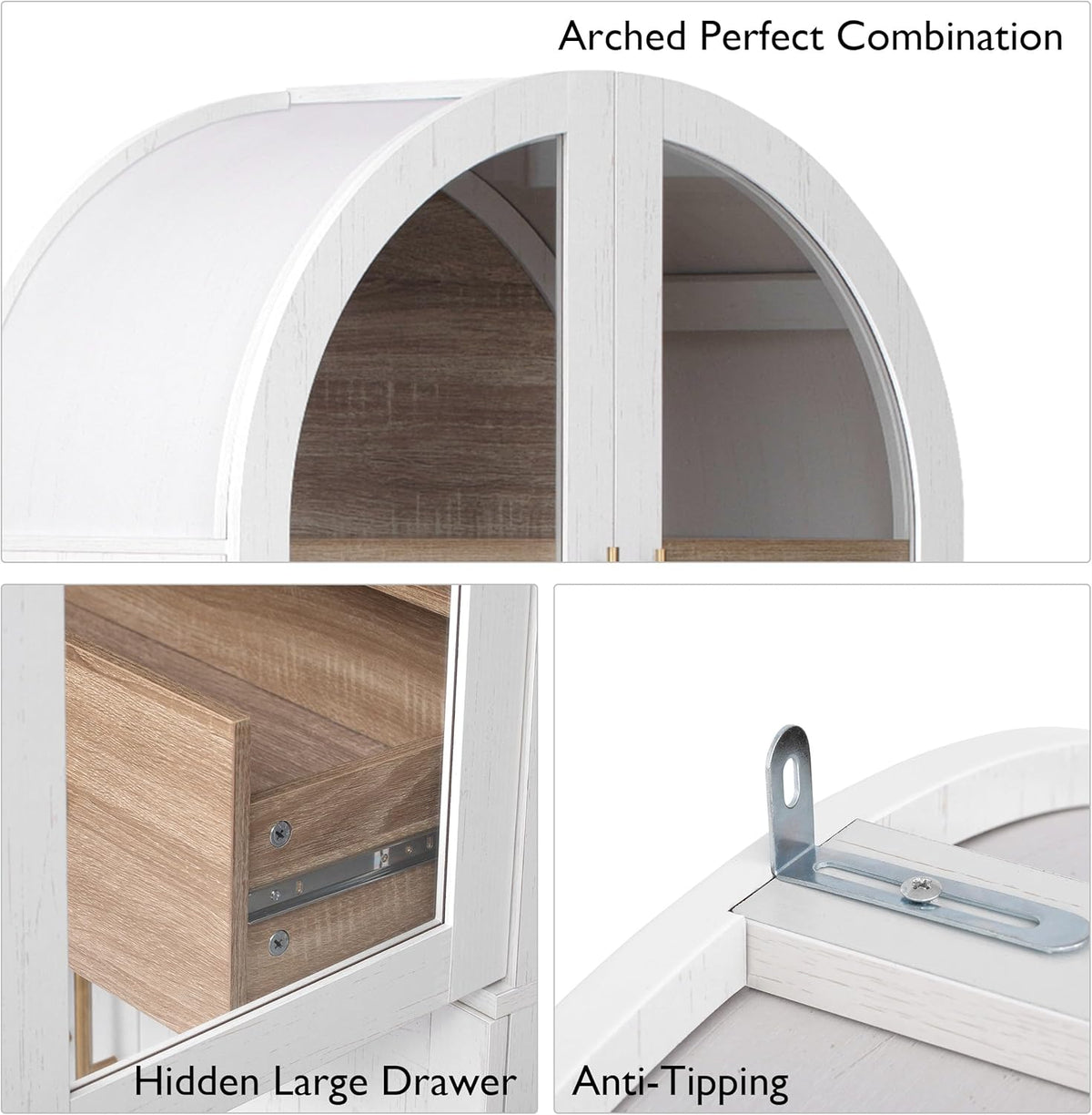 Merax 71" Farmhouse Arched Pantry Cabinet with Glass Doors & Hidden Drawer, Adjustable Shelves Storage Cupboard for Kitchen/Dining Room, White