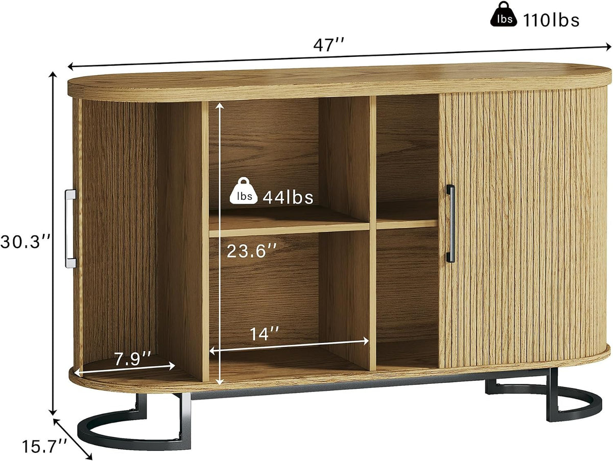 HUAHUU Sideboard Buffet Cabinet with Storage, 47" Fluted Tambour, Adjustable Shelves, Mid Century Modern Console for Living Room Kitchen Wood