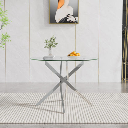 Glass Dining Table Set for 4, Modern 36" Round Kitchen Table with 4 Velvet Dining Chairs and Silver Cross Metal Legs, Modern Circle Dinner Table Set, 5 Piece Dining Set for Kitchen