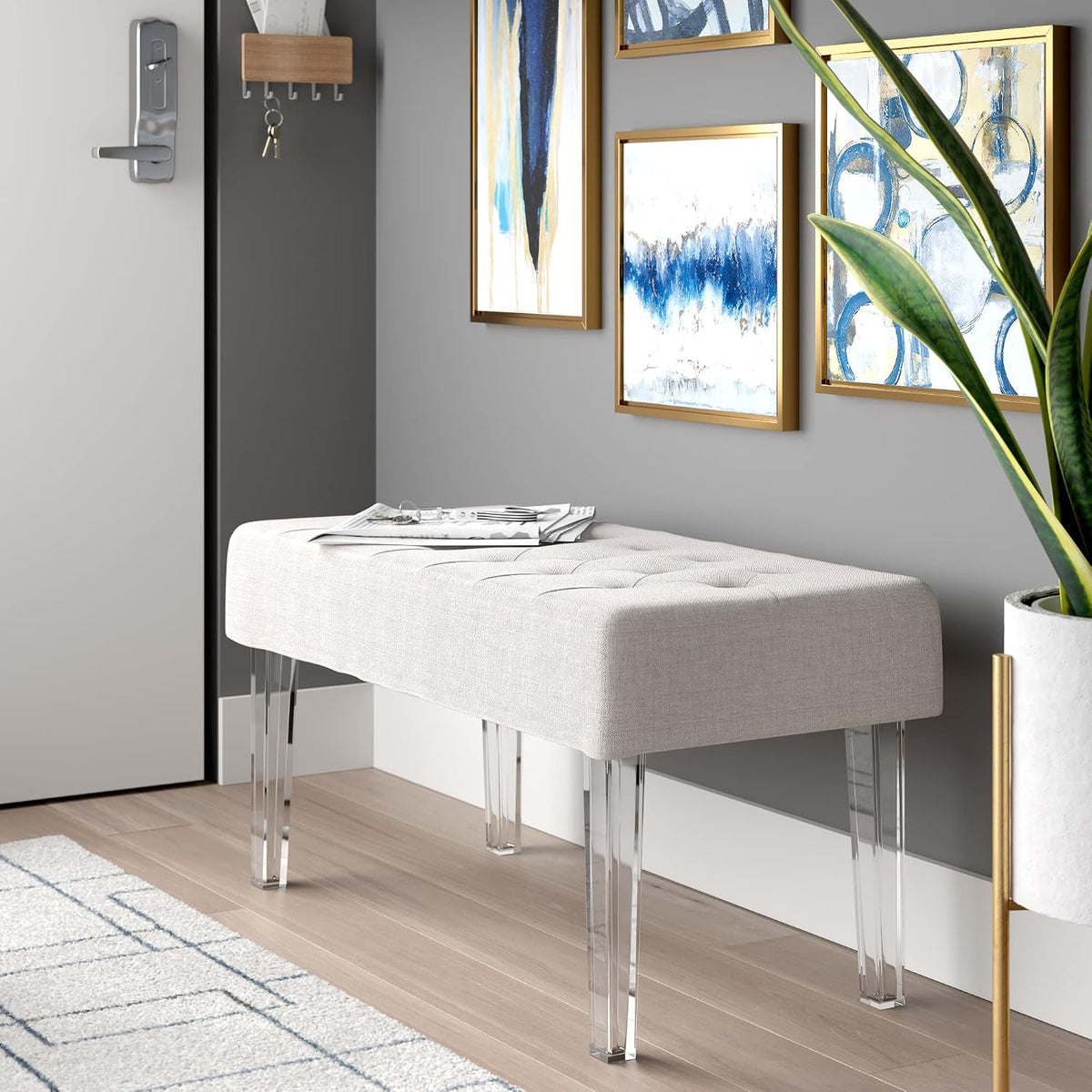 Linon Ella Glitz Acrylic Leg Bench, 35"Wx17"Dx18"H, White