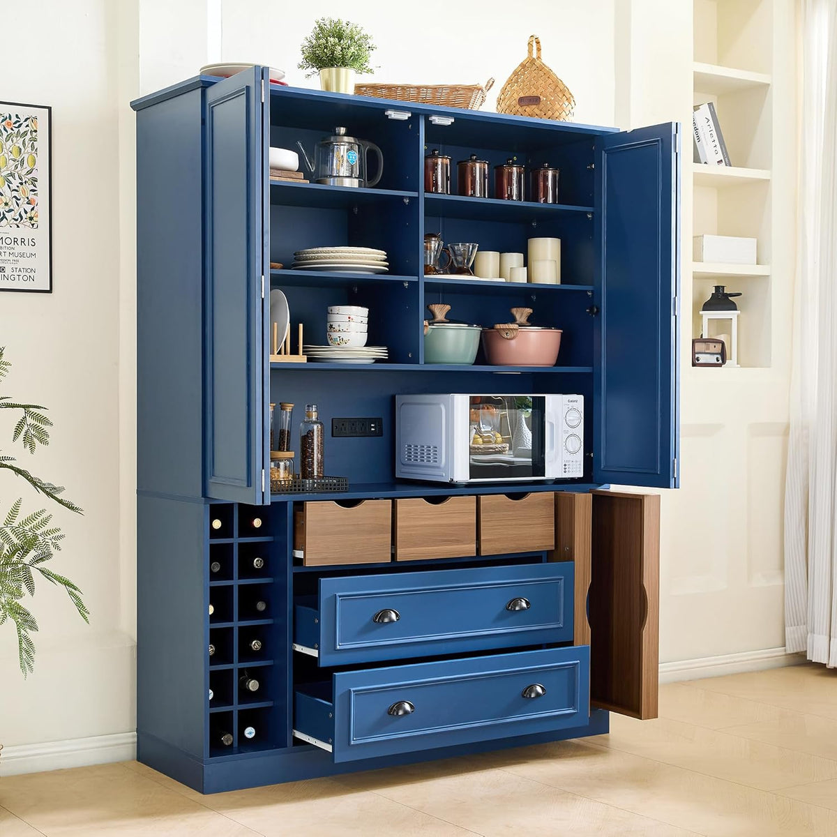 Farmhouse 71''H Large Kitchen Pantry,Deepen Dining Storage Cupboard with 4 Foldable Doors,Power Outlet, Shelves, Wine Racks and Serving Trays (Blue/FD)