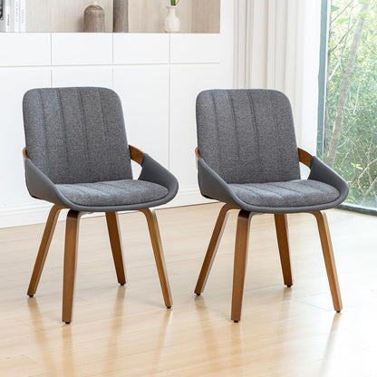 Dining Room Chairs Set of 4, Mid Century Modern Gray Fabric+Faux Leather Kitchen Chairs No Arms,Bamboo Legs Side Chairs No Wheels,Accent Chair for Dining Rooms