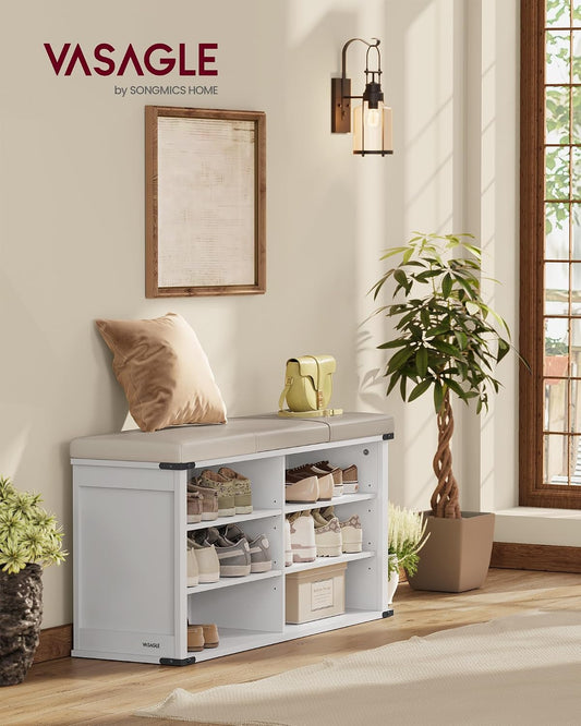 VASAGLE Shoe Storage Bench with Removable Cushion, Adjustable Shelves | Shoe Rack with Padded Seat, Entryway Bench, for Hallway, Bedroom, Cloud White, LIRY Collection ULSB105W01
