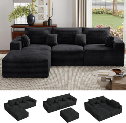 113" L-Shaped Couch, Modern Modular Sectional Sofa with Deep Seat, Convertible Corduroy Cloud Couches for Living Room,Black,1 PCS