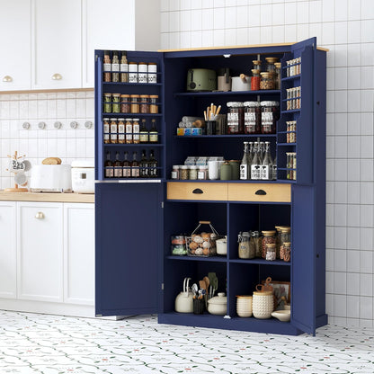 71.3" Freestanding Kitchen Pantry Cabinet with 2 Drawers, 8 Door Shelves & Adjustable Shelves, Large Farmhouse Storage for Kitchen Dining Room, Blue