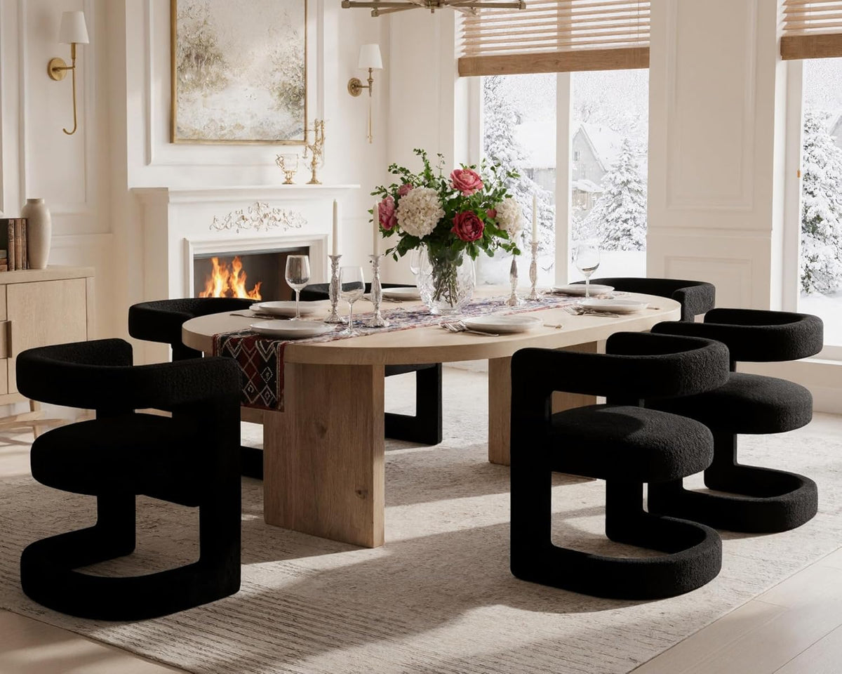 Black Barrel Dining Chairs Set of 6, Modern Boucle Upholstered Dining Room Chairs with Open Back & Sled Base, No Assembly Kitchen Arm Chairs, Comfy Accent Makeup Vanity Chair for Living Room Bedroom