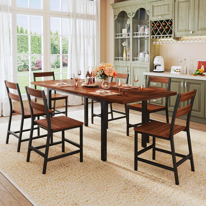 ALEXNUTRE 7-Piece Dining Table Set for 4-6, 63" Large Extendable Kitchen Table Set with 6 Chairs, Curved Backrest, Dining Room Table with Solid Metal Frame & MDF Board, Easy Assembly, Walnut