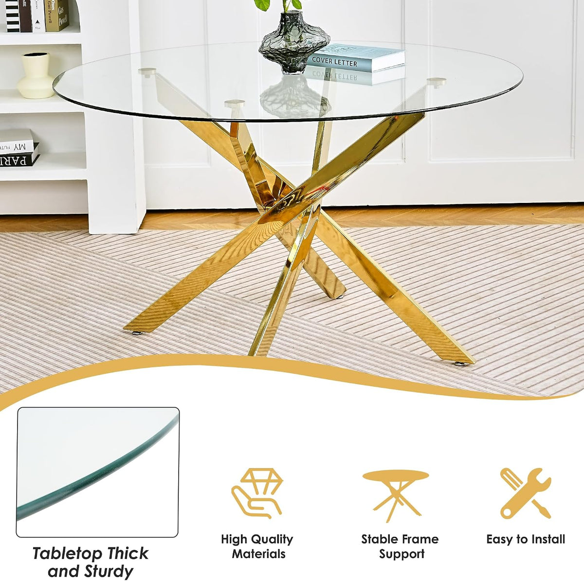 Gold Luxury Round Glass Dining Table Set for 4, 5 Pcs Clear Circle Glass Top Dinner Room Set, 36'' Modern Minimalist Circular Kitchen Table Set, Pink Woven Chair, for Small Place Apartment
