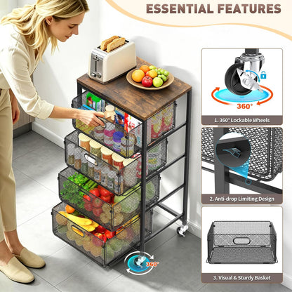 SUNALLY Rolling Kitchen Cart with Drawers, 4-Tier Utility Cart Fruit Vegetable Storage Cart with Lockable Wheels, Wooden Top Metal Kitchen Storage Organizer for Cans, Snacks, Beauty, Craft, Art, Black