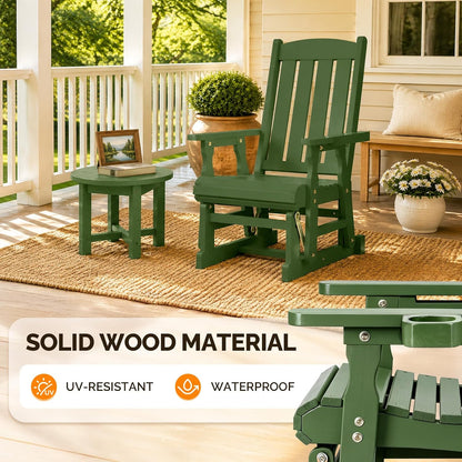 VINGLI Outdoor Glider Chair Wood Patio Glider with Cup Holder, Porch Glider with Smooth Rocking Mechanism, Heavy Duty 600 LBS, Dark Green