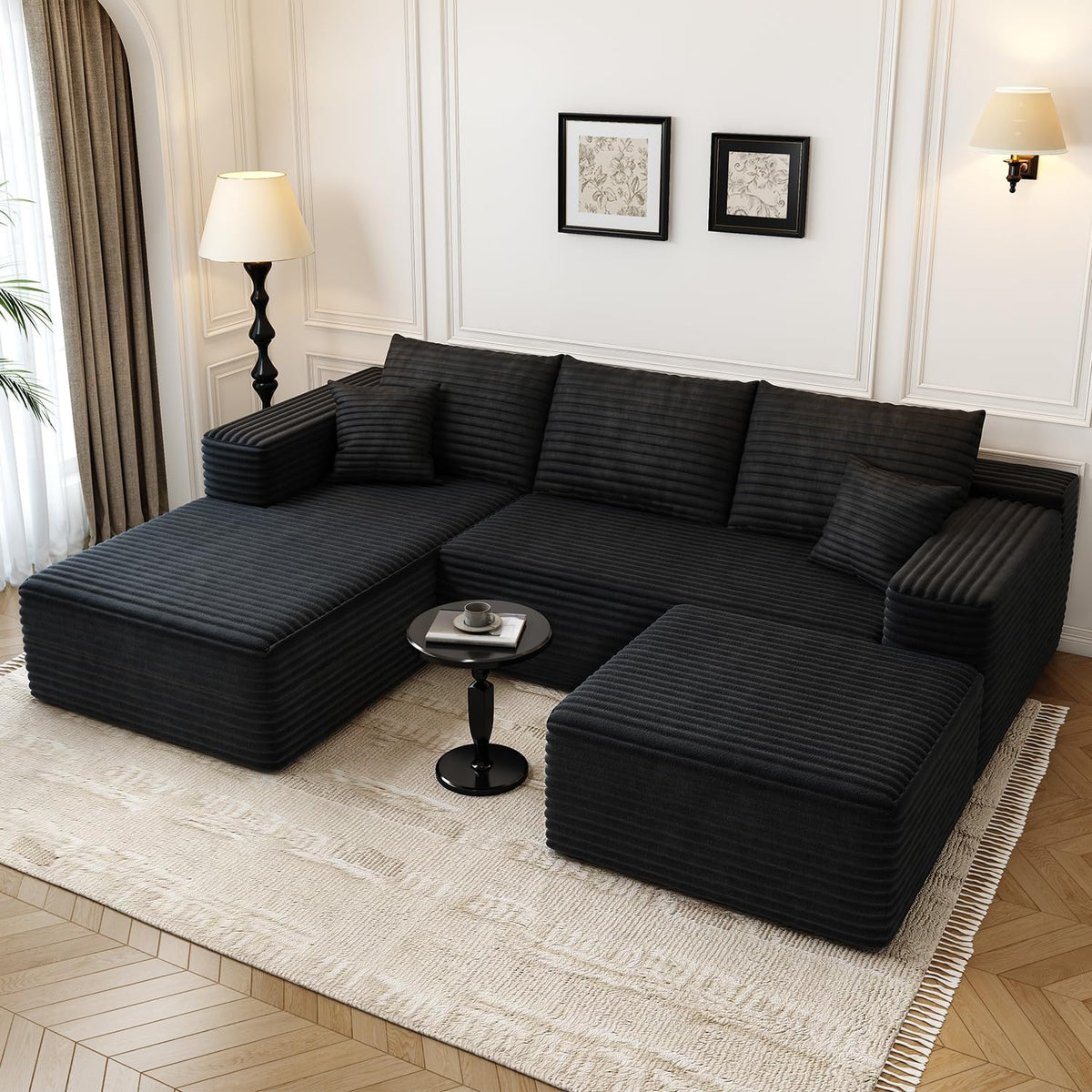 107.5" Cloud Modular Sectional Sofa with 1 Ottoman,Modern Minimalist Upholstered Couches, Comfort U Shaped Sofa for Living Room,Deep Seat Corner Couch，No Assembly Required (Black,Left Facing Chaise)