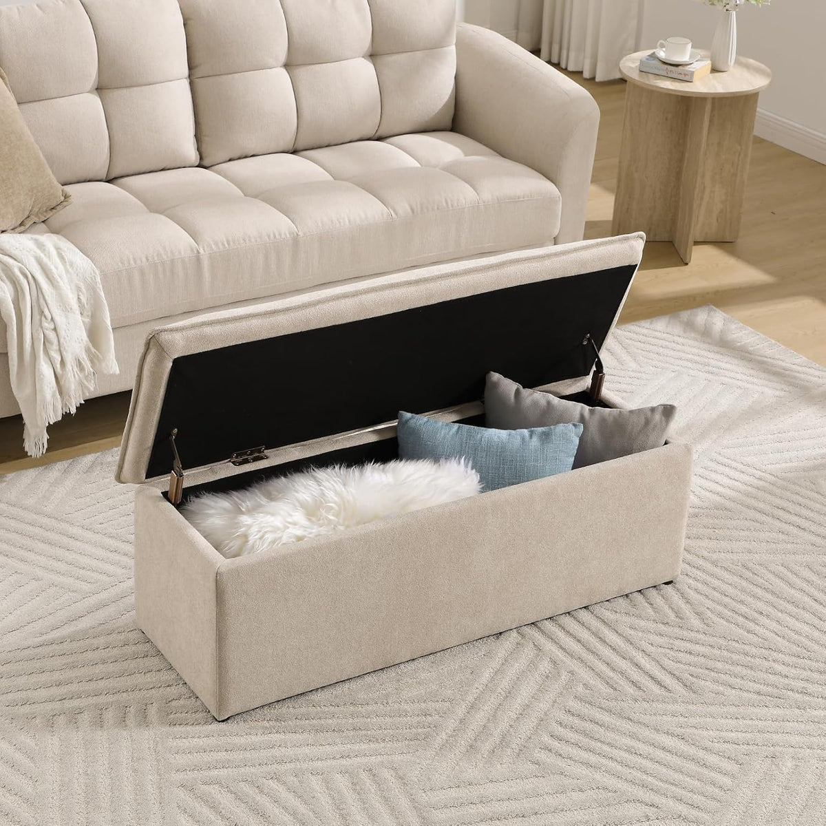CIMOTA Storage Ottoman Bench, Upholstered End of Bed Storage Bench with Safety Hinge, Large Storage Chest with Seating, Modern Entryway Bench for Bedroom, Living Room, Chenille Oatmeal