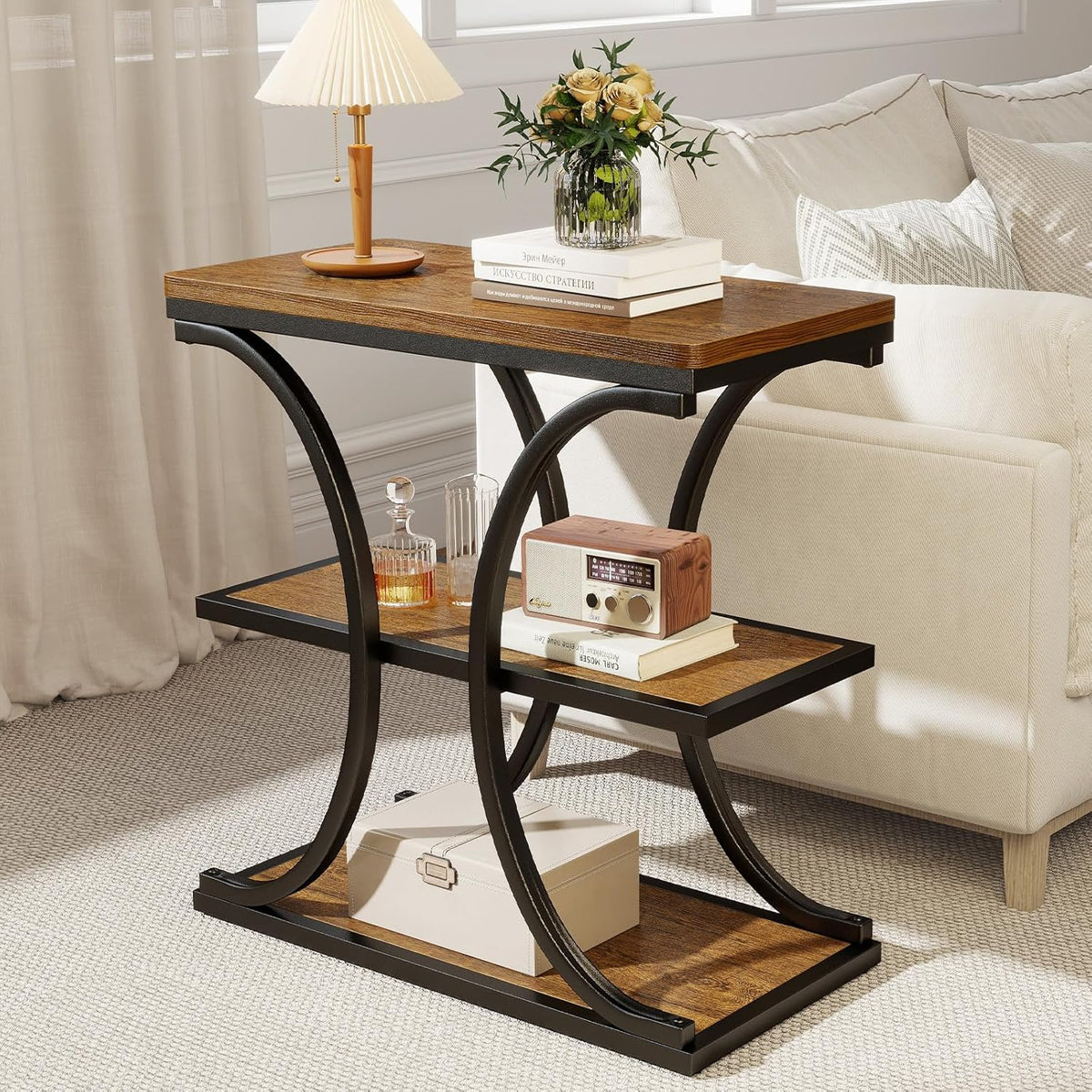BECHAEO 24" End Tables Living Room, Industrial 3-Tier Small Side Table with Storage Shelves, Wood Sofa Table with Geometric Metal Frame, Multi-Functional Nightstand for Bedroom