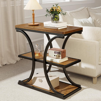 BECHAEO 24" End Tables Living Room, Industrial 3-Tier Small Side Table with Storage Shelves, Wood Sofa Table with Geometric Metal Frame, Multi-Functional Nightstand for Bedroom
