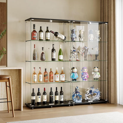 Glass Display Cabinet with 4-Shelf Double Door and Lock, 5mm Tempered Glass