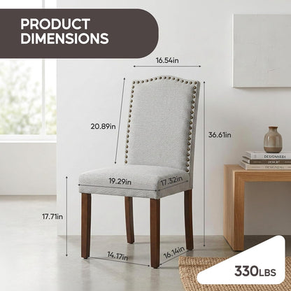 Simple Deluxe Set of 2 Upholstered Parsons Dining Chairs, Fabric Dining Room Chairs with Solid Wood Legs & Nailhead Trim, Multi-Use for Kitchen, Living Room & Bedroom, Gray