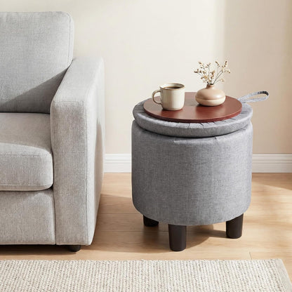 GIANTEX Round Storage Ottoman with Removable Lid & Sturdy Legs, Gray | Linen Fabric Upholstered Ottoman Foot Stool, Small Foot Rest for Living Room, Bedroom