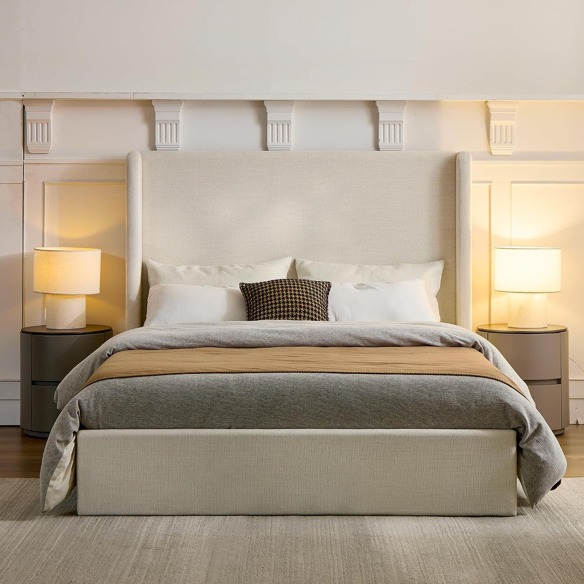 King Size Upholstered Platform Bed Frame, 52.3" High Headboard Carmen Wingback Beds, Tall Headboard King Floor Bed Frames, No Box Spring Needed No Noise, Minimalist, Textured Ivory