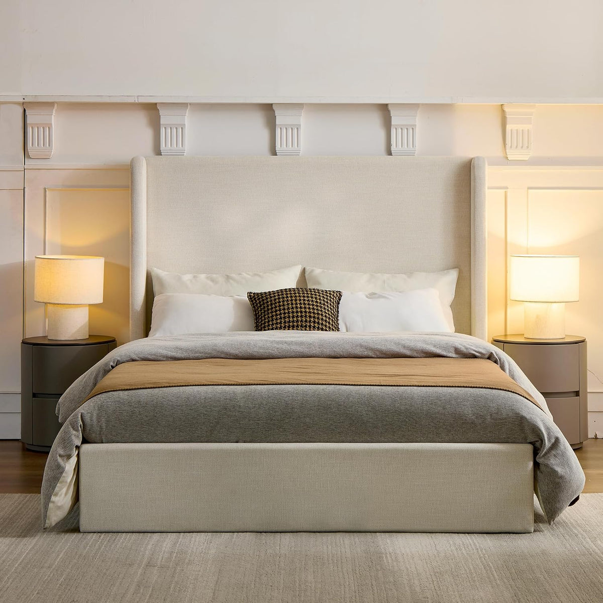 Queen 54" Tall Headboard Carmen Wingback Upholstered Platform Bed Frame Premium Canvas Chenille Elegant Simplicity for Bedroom No Box Spring Needed Easy Assembly No Noise Textured Ivory