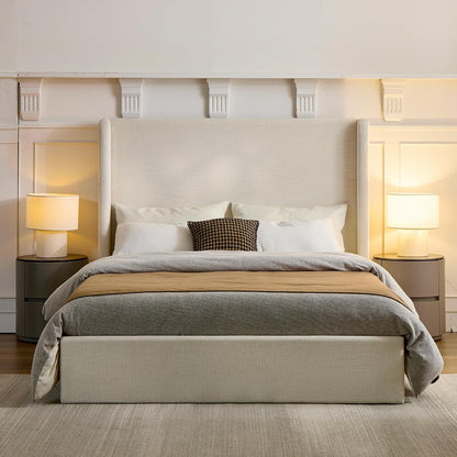 Upholstered Bed Frame Queen Size, 54" High Headboard Platform Beds Caron Tall Wingback Bed Frames, Box Spring Request/No Noise/Simplicity Minimalist, Textured Ivory Canvas Chenille