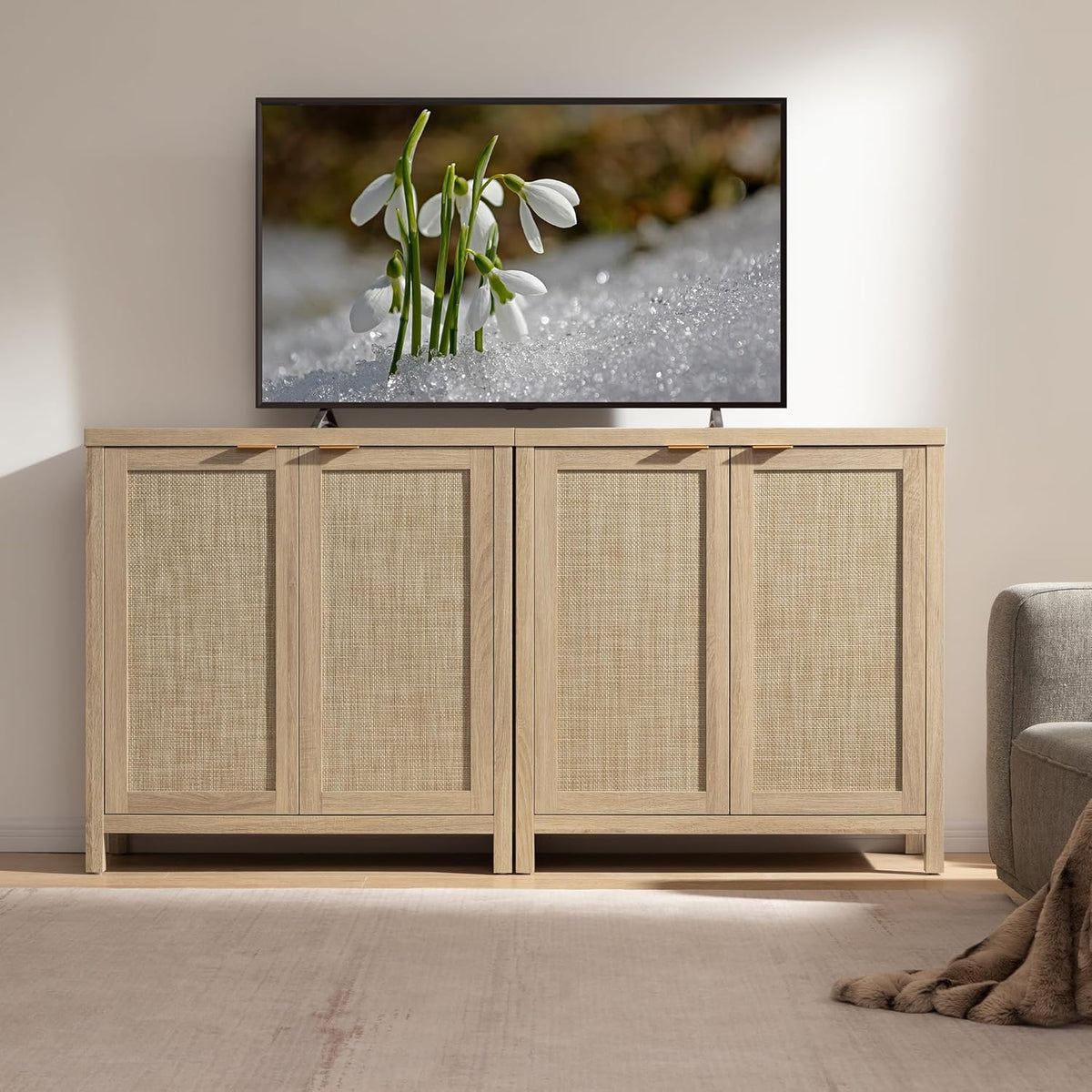 SICOTAS Rattan Sideboard Buffet Cabinet with Large Storage : Boho Credenza Coffee Bar Cabinet with Adjustable Shelves, Farmhouse Console Table for Kitchen, Living Room, Entryway, Natural, 2 Pieces