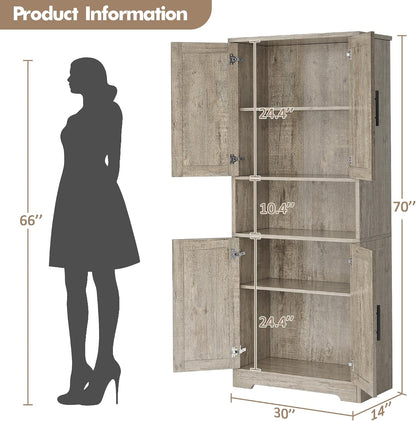 GarveeHome Tall Storage Cabinet, 70 in Kitchen Pantry Cabinet with Doors and Adjustable Shelves, Rustic Wooden Cupboard for Dining Room, Living Room,Gray