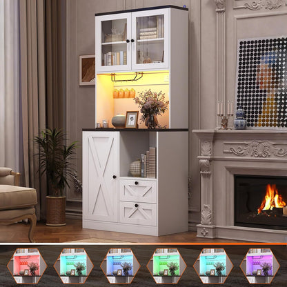 71" Tall Coffee Bar Cabinet with Storage Hutch, Farmhouse Kitchen Pantry Cabinet with LED Lights Microwave Stand and Glass Holder for Home Dining Room Kitchen,White