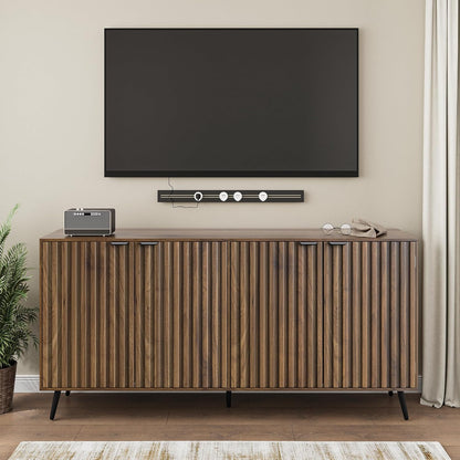 Smuxee 63" Fluted Sideboard Cabinet, Freestanding Walnut Buffet Cabinet with Adjustable Shelf, Wood Storage Cabinet for Living Room, Entryway, Hallway