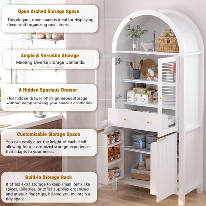 71" Fluted Tall Arched Kitchen Pantry Cabinet with Glass Doors, Farmhouse Storage Cabinet with Adjustable Shelves & Hidden Drawer, Freestanding Cupboard Console for Living Room, Dining Room (White)