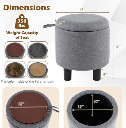 GIANTEX Round Storage Ottoman with Removable Lid & Sturdy Legs, Gray | Linen Fabric Upholstered Ottoman Foot Stool, Small Foot Rest for Living Room, Bedroom
