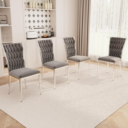 Velvet Dining Chairs Set of 4, Modern Woven Kitchen Chairs with Silver Metal Legs, Upholstered Cushion with High Back, Dirt Resistance, Easy to Install, for Living Room, Dining Room - Dark Grey