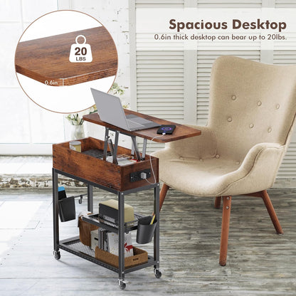 Colima Lift-Top Side Table with Charging Station - Mobile End Table with USB Ports & AC Outlets, Hidden Storage, Wheels - Rustic Wood Nightstand for Living Room, Bedroom, Office