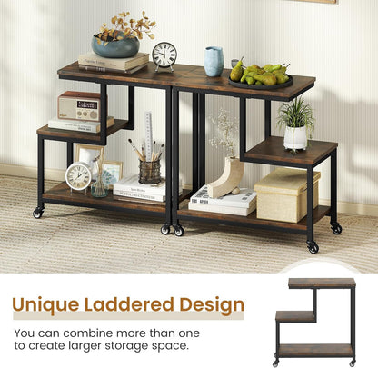 GOFLAME G-Shaped End Table, 3-Tier Sofa Side Table with Wheels, Open Shelves, Metal Frame, Modern Display Accent Table, Small Narrow Rolling Nightstand for Living Room, Bedroom, Rustic Brown