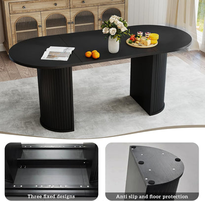 70.8" Oval Dining Table for 4-6 Persons, Fluted Pedestal Base Mid Century Wood Veneer Kitchen Table with Curved Edges for Dining Room, Apartment, Small Spaces, Black