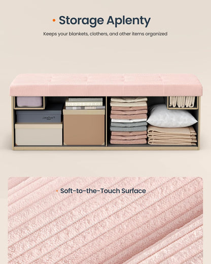 SONGMICS Home Ottoman with Storage, Removable Lid, Folding Storage Chest, Easy Assembly, for Entryway, Bedroom, Living Room, 15.2 x 43.2 x 15.2 Inches, Corduroy, Light Pink