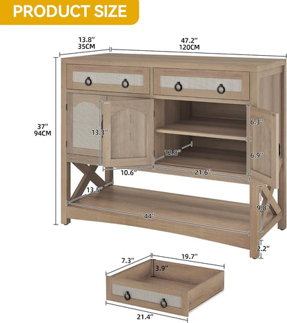 DWVO 47.2" Rattan Buffet Sideboard Cabinet with Storage, Farmhouse Coffee Bar Cabinet w/2 Drawers, 4-Doors Console Table with Adjustable Shelves for Kitchen, Dining Room, Living Room, Entryway (Oak)