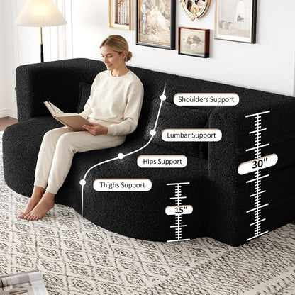 CAPCAEK Folding Sofa Bed,15" Full Size Couch for Living Room, Teddy Fabric Foam-Filled, Convertible Loveseat Sleeper Sofa Bed (Black-Teddy)