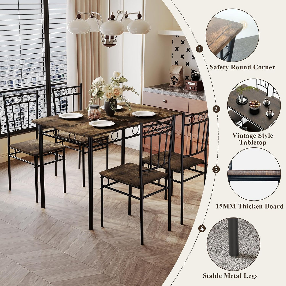 5 Piece Dining Table Set, Modern Metal&Wood Kitchen Dinner Table with 4 Chairs, Dining Room Table Sets for Small Spaces, Brown