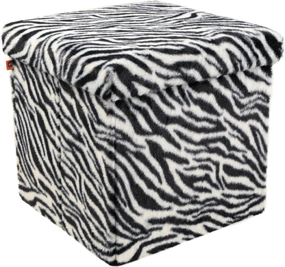 Luxe Faux Fur Storage Ottoman, Zebra Black/White, 15 x 15 x 15 in | Engineered Wood, Tool-Free Assembly, Modern Style, Seat And Footrest