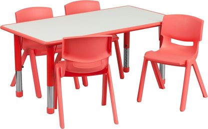 Flash Furniture Emmy 23.625''W x 47.25''L Rectangular Red Plastic Height Adjustable Activity Table Set with 4 Chairs