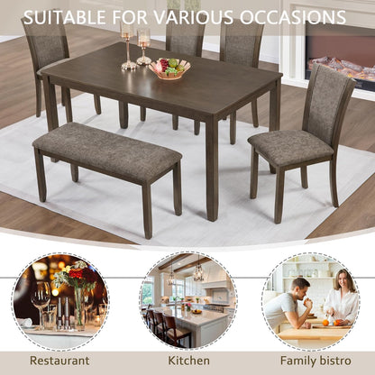 JIJIWANG 6-Piece Dining Table Set with Bench and Chairs, Wooden Dining Table for 6 People, Farmhouse Rustic Style 6 Person Dining Table Set for Dining Room Kitchen Dark Walnut