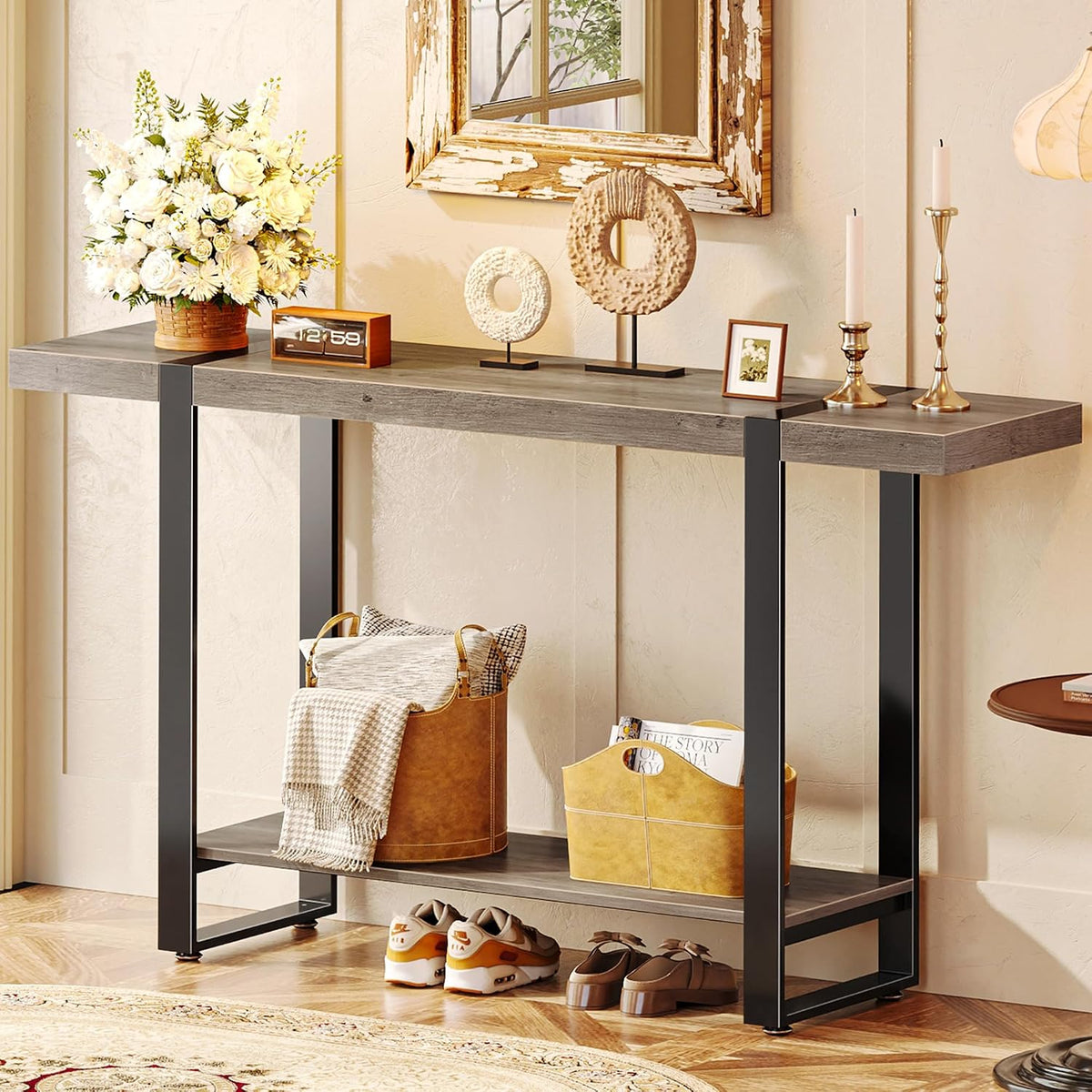 Huuger 47.2 Inch Entryway Table, 2-Tier Industrial Console Sofa Table with Storage, Accent Table, for Entry, Hallway, Entrance, Foyer, T-Shaped Metal Frame, Grey