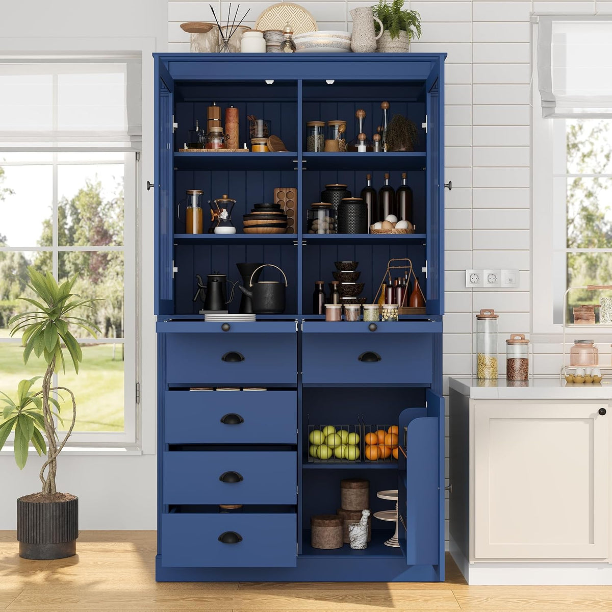 Pantry Stotrage Cabinet with Glass Doors and Serving Trays, Wood Display Cabinet with Stotrage Drawers and Shelves for Kitchen, Dining Room (Blue)