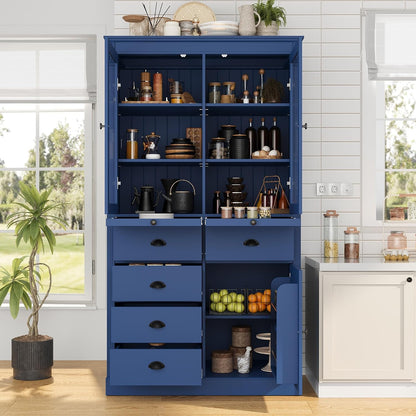 Pantry Stotrage Cabinet with Glass Doors and Serving Trays, Wood Display Cabinet with Stotrage Drawers and Shelves for Kitchen, Dining Room (Blue)