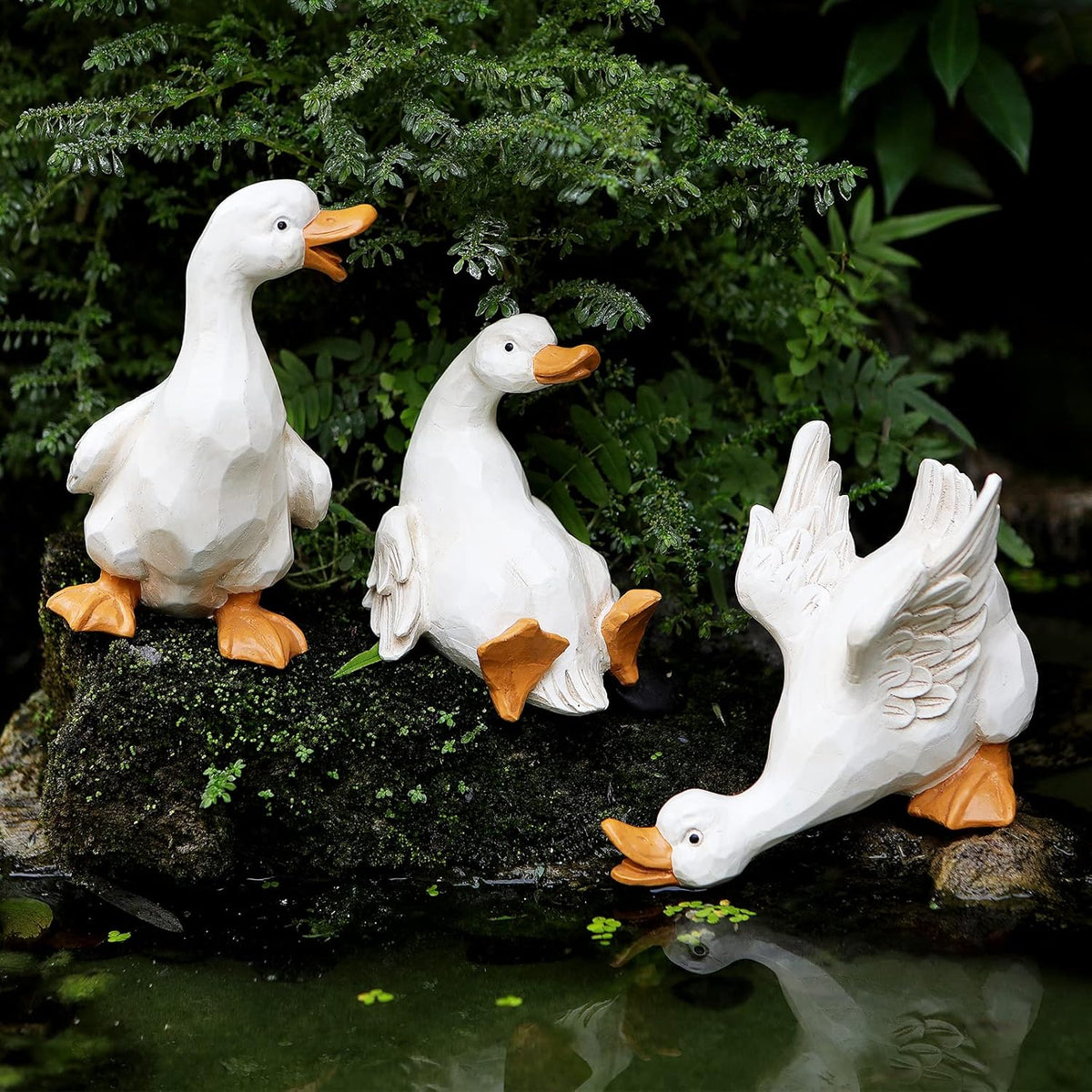 Duck Yard Decorations Outdoor Ornaments Set of 3, Resin Goose Sculpture Statue Front Porch Garden Decor for Outside Imitation Wood Carving, Funny Animal Decorations Fairy Craft Yart Art Decor