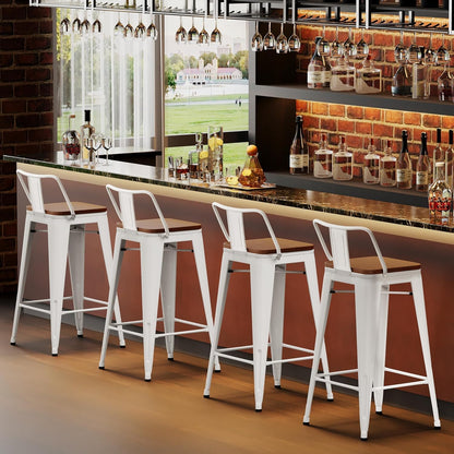HAOBO Home 30" Bar Stools Set of 2 Bar Height Metal Barstools with Wood Seat Low Back Kitchen Bar Chairs White