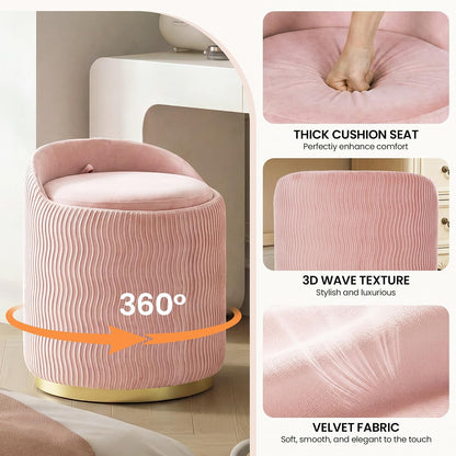Vanity Chair with Storage Set of 2, 360° Swivel Velvet Makeup Chair with Wave Backrest, Modern Upholstered Round Accent Chair, No Assembly Vanity Stool for Bedroom, Dressing Room & Living Room, Pink