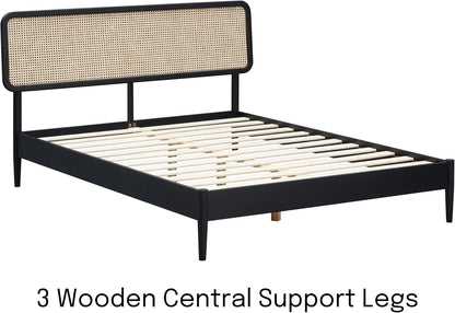 NTC Lupin Wooden Bed Frame with Headboard and Natural Rattan, Solid Oak Foundation with Silent Slats, 1000 Lb Capacity, Effortless Assembly, Queen - Burnt Black